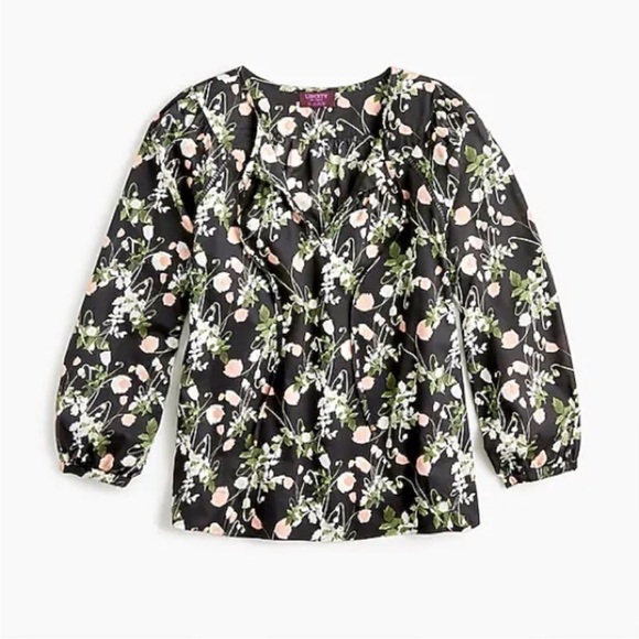 J.Crew Liberty London Poppy Dreams Black Floral Tie-Neck Popover Blouse Top - Picture 1 of 5